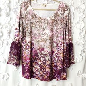 Style & Co Purple Paisley Bell Sleeve Top Large, Purple, Offwhite, Fall